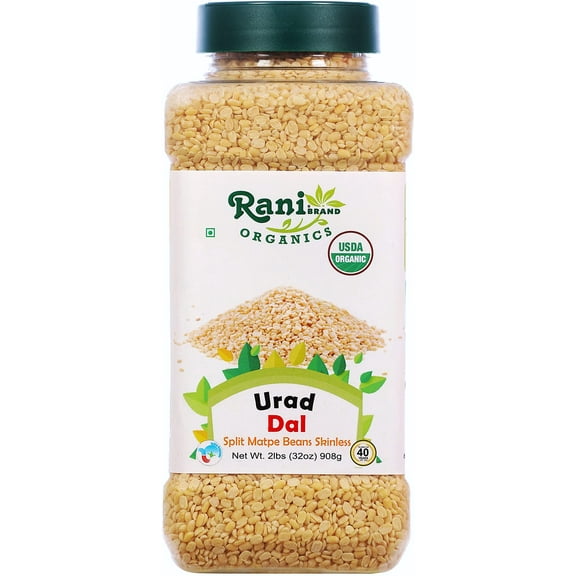 Rani Organic Urid/Urad Dal Chilka (Split Matpe Beans Skinless) Indian Lentils 32oz (2lbs) 908g PET Jar ~ All Natural | Vegan | Gluten Friendly | NON-GMO | Indian Origin | USDA Certified Organic