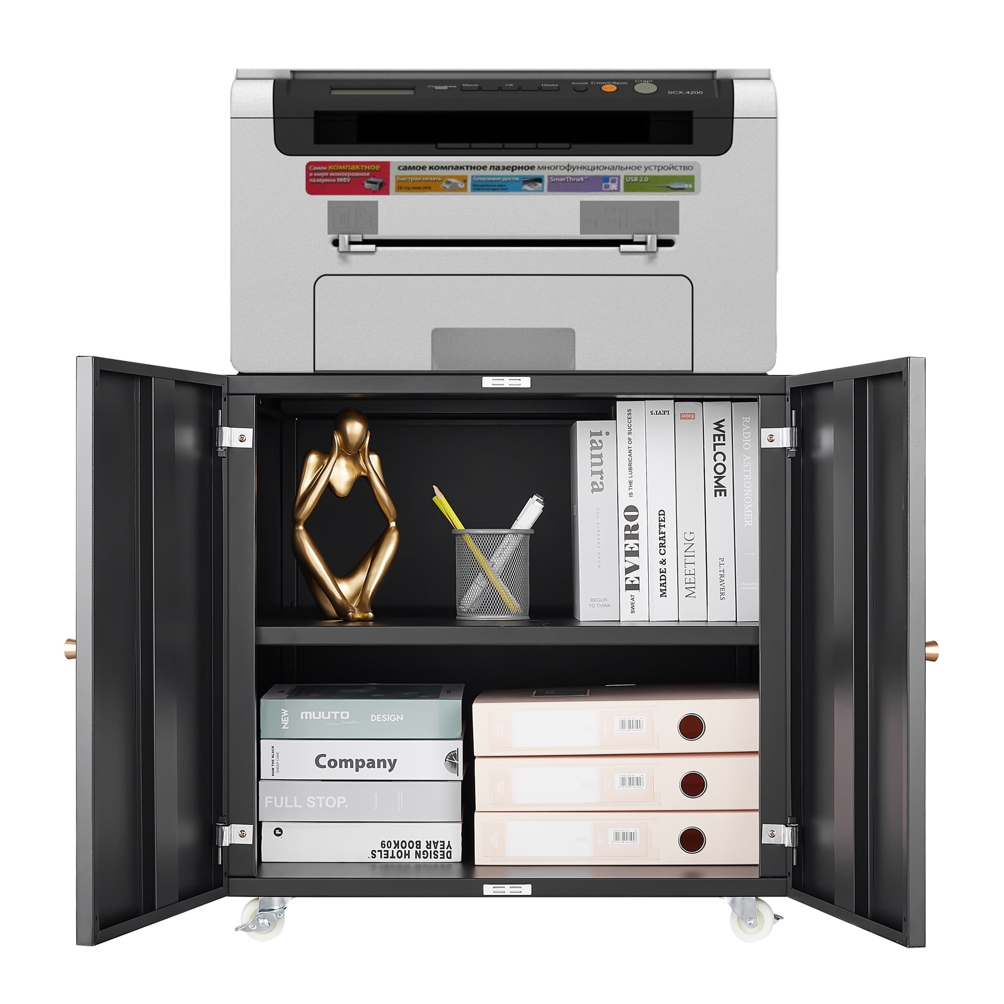 Tzou Steel Printer Cabinet with Wheels - Mobile Printer Stand with Adjustable Shelf & Storage for Home Office, Compact File Cabinet for Small Spaces