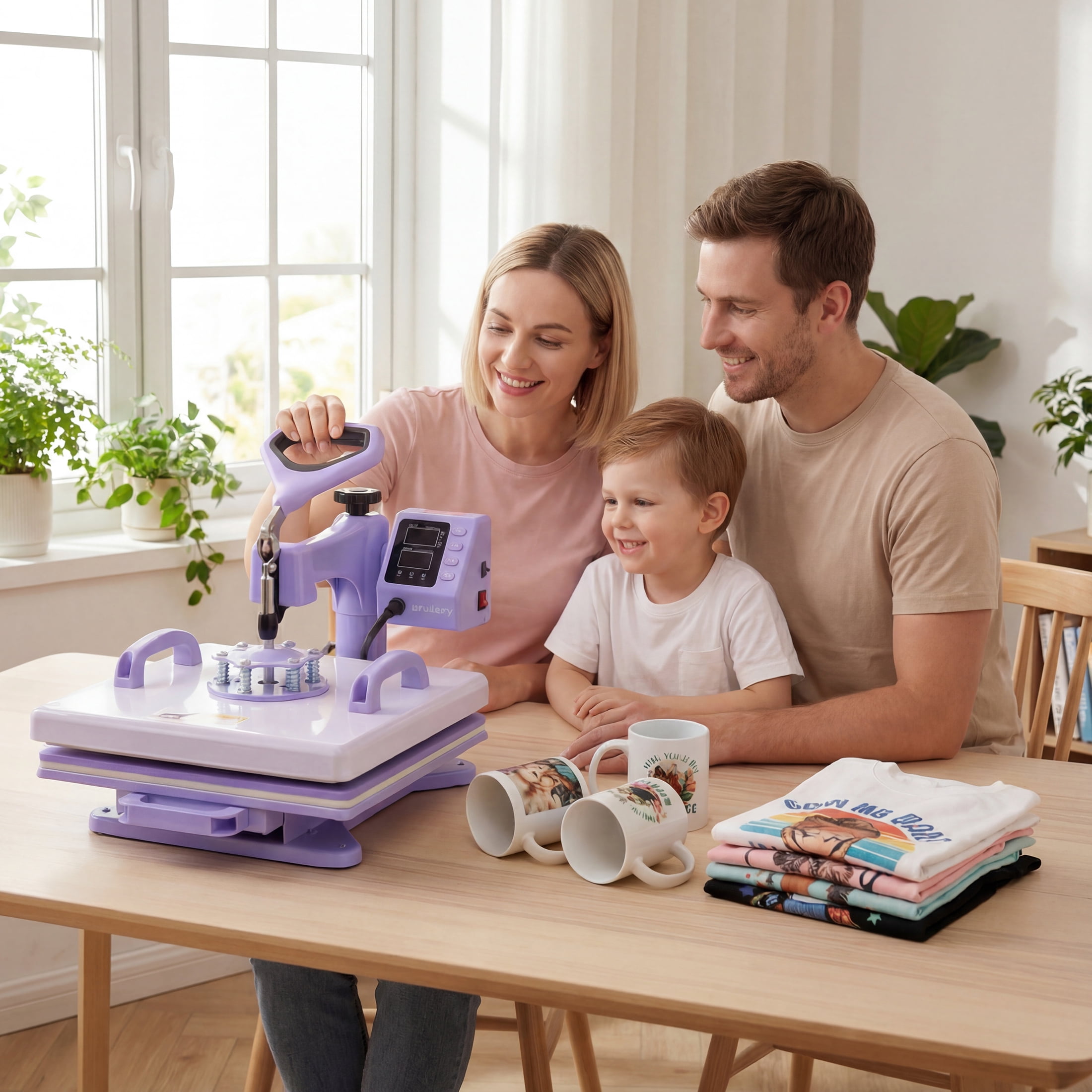 Adnoom Heat Press 15x15, 8 in 1 Multifunctional Shirt Press Machine Combo, 360° Swing Away Sublimation Heat Transfer with LED Display for T-shirts Mugs Hat Plate Cap, Purple