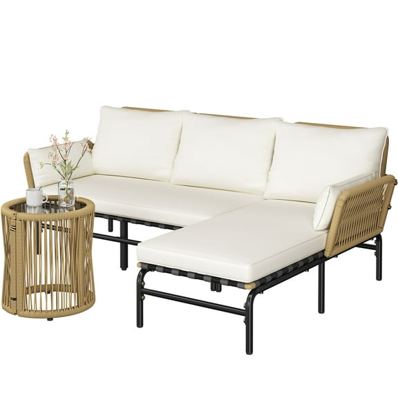 Topeakmart Boho Style Outdoor Rattan L-Shaped Sofa with Small Coffee Table, Tan/Cream
