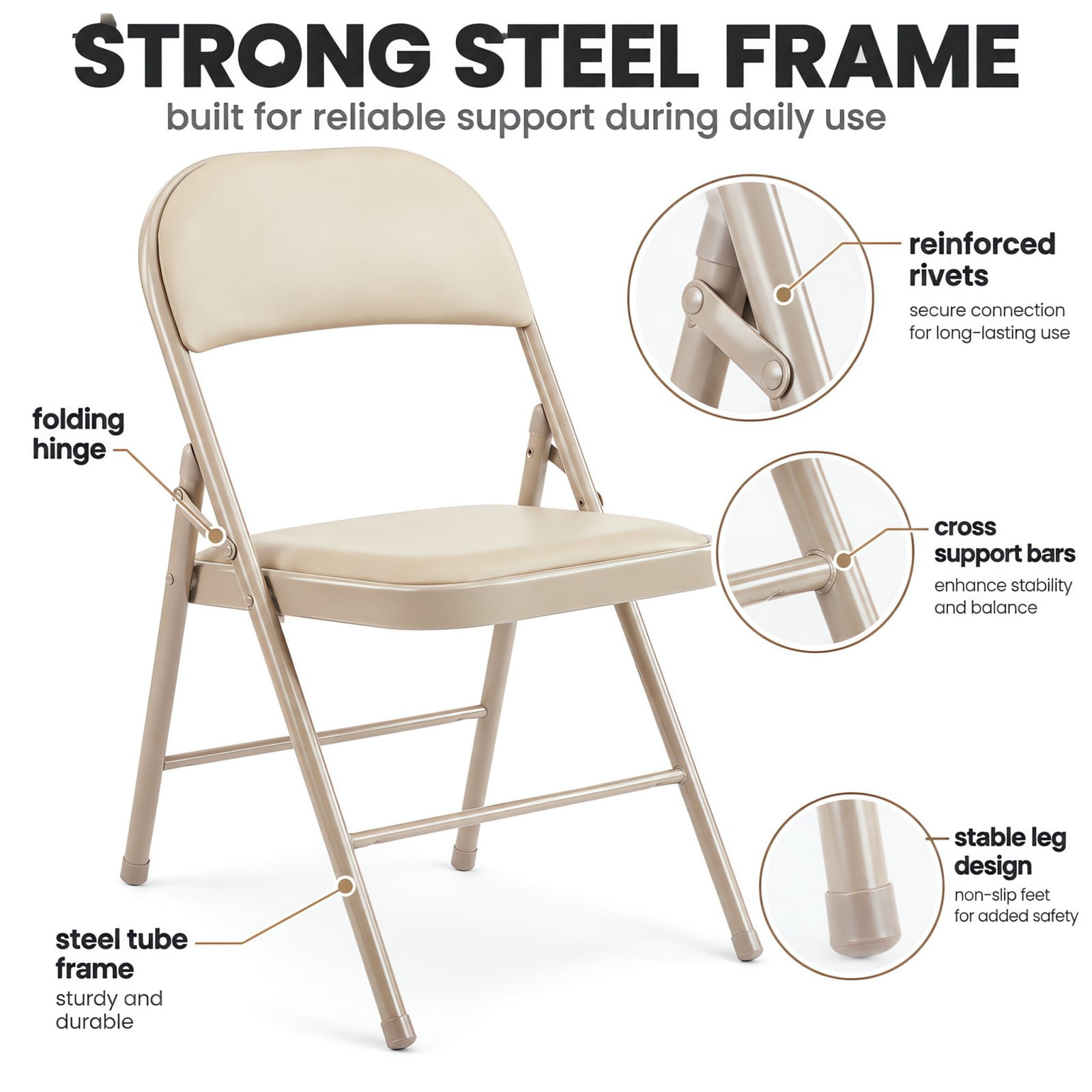 Telyra 4 Pack Folding Chairs Leather Padded Seat and Backrest Foldable Metal Chairs for Indoor Outdoor Use,khaki