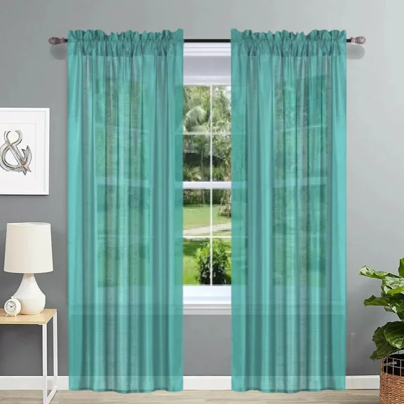 Gorgeous Home Linen 2PC MR2 Teal Blue Solid Color Faux Silk Semisheer See Through Rod pocket Window Curtain Panels 55" Wide X 95" Long Each pc