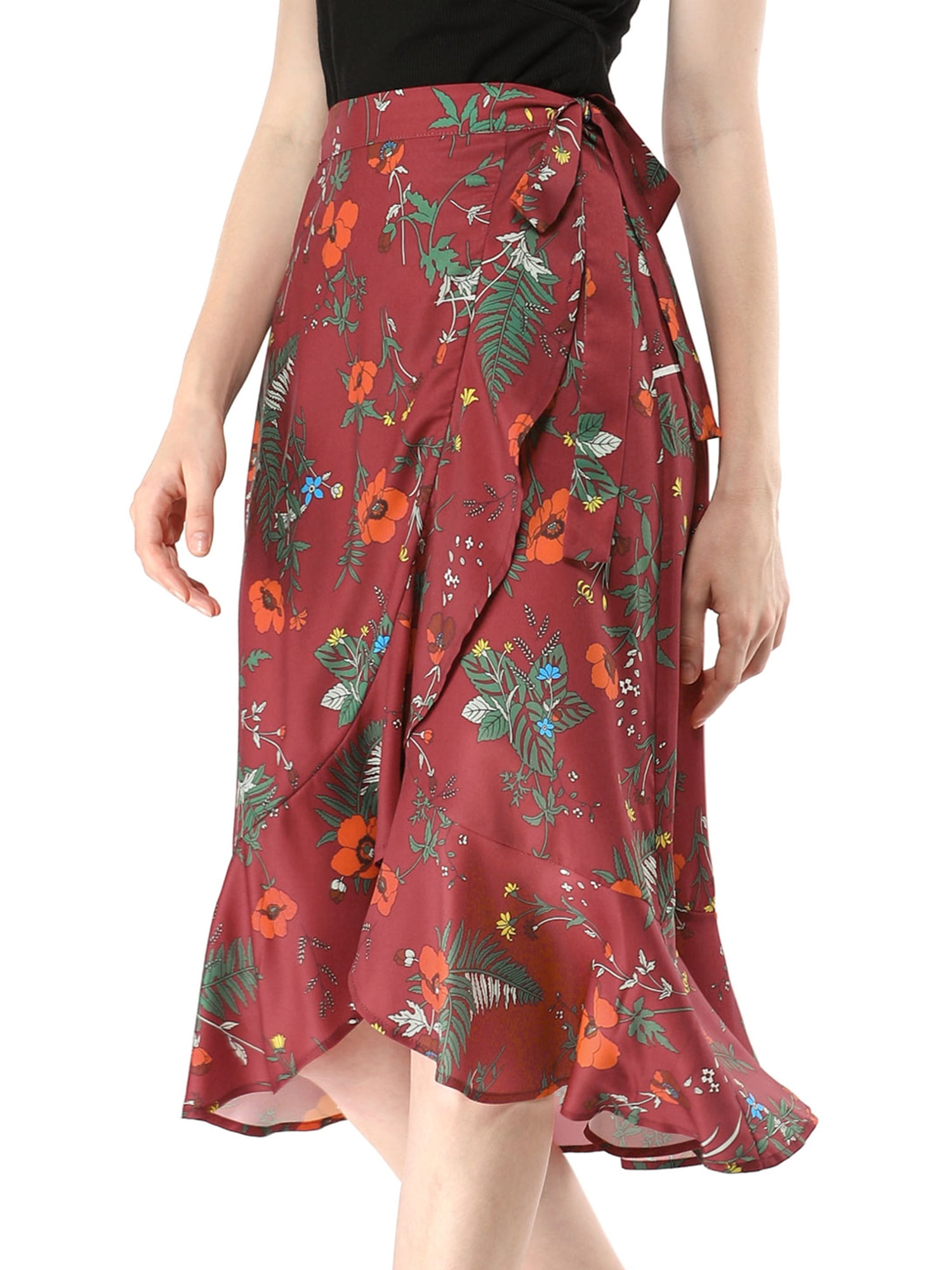 Women S Summer Boho Skirts Ruffle Flare Tie Waist High Low Floral Wrap Skirt Size M 10 Red