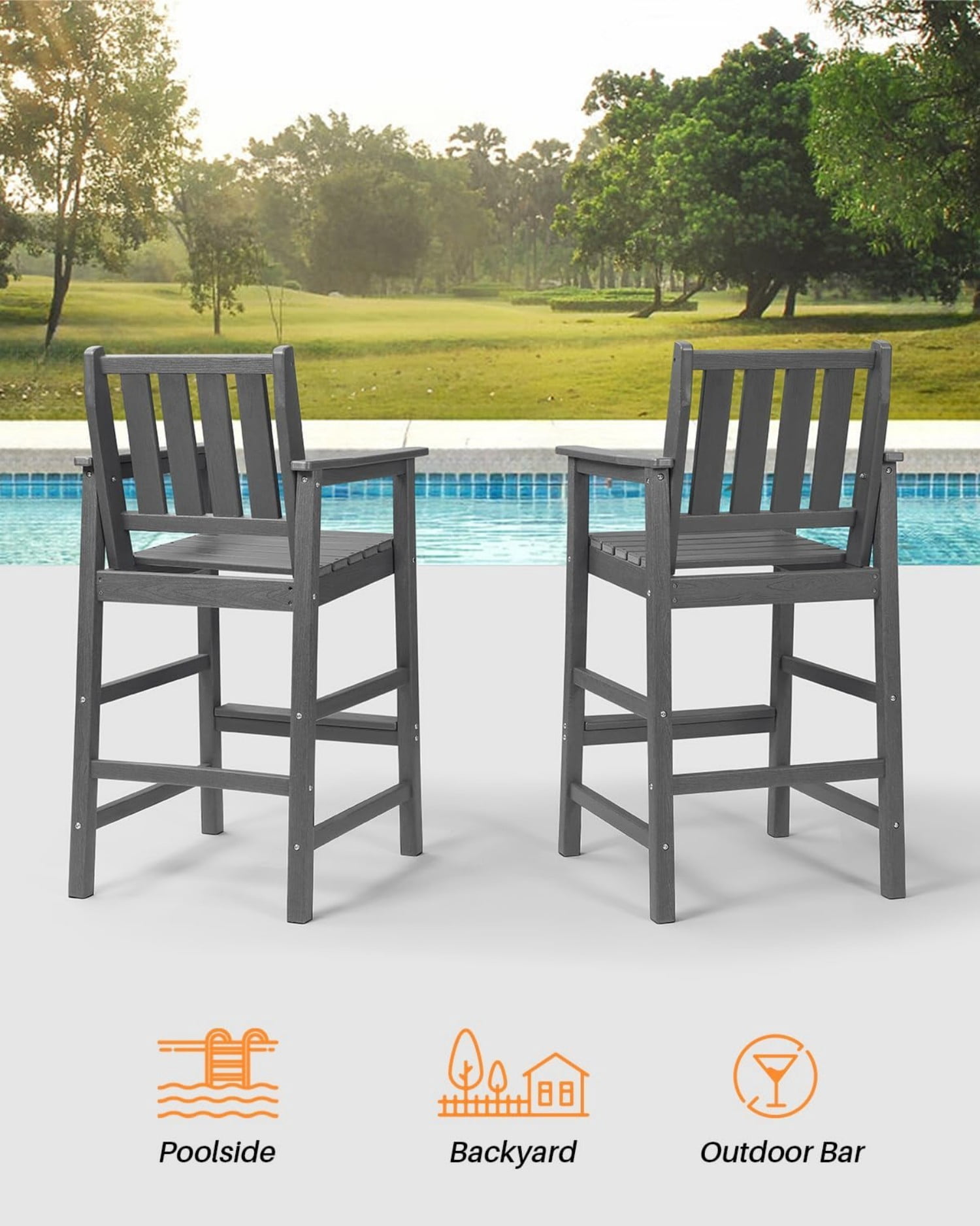 Adirondack Bar Chair Set of 2, HDPE Outdoor Bar Stools with Footrest, All Weather Adirondack Bar Height Chairs for Patio, Balcony, Porch, Deck, Poolside, Smoke Gray