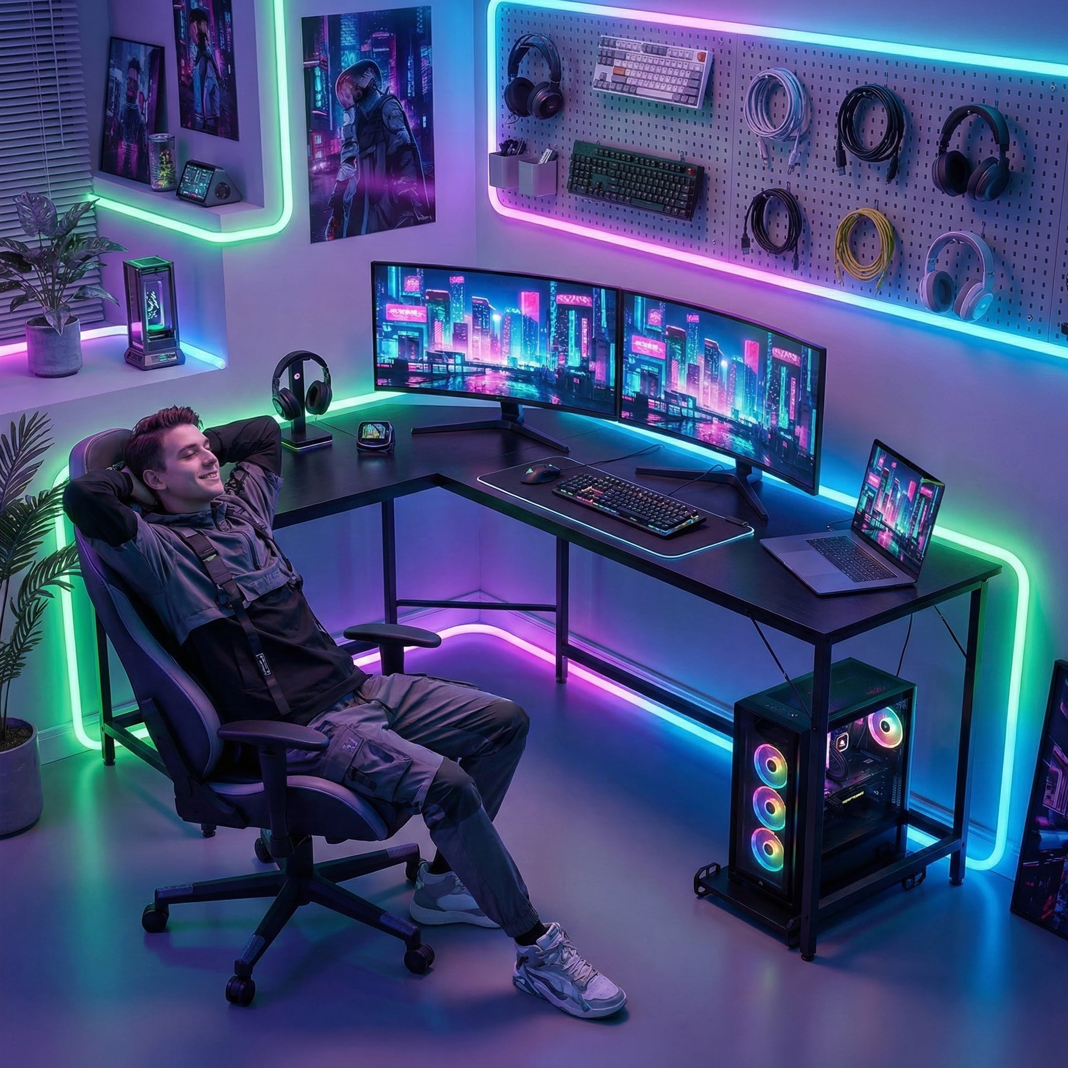 EDX Stylish L-shaped desk optimizes space, boosts productivity with ample dual-surface workspace and ergonomic modern design, Black