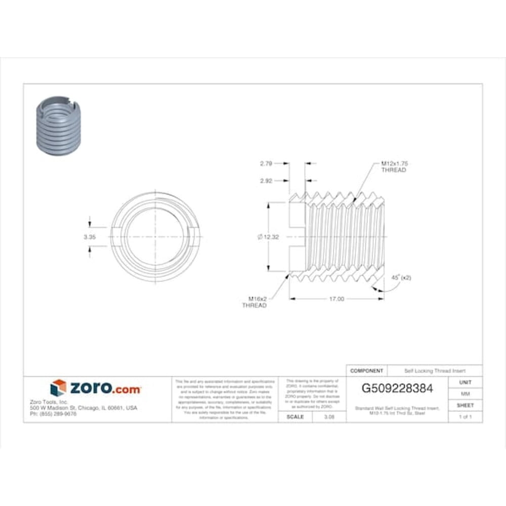 Standard Wall Self Locking Thread Insert, M12-1.75 Int Thrd Sz, Steel EZ-450-12
