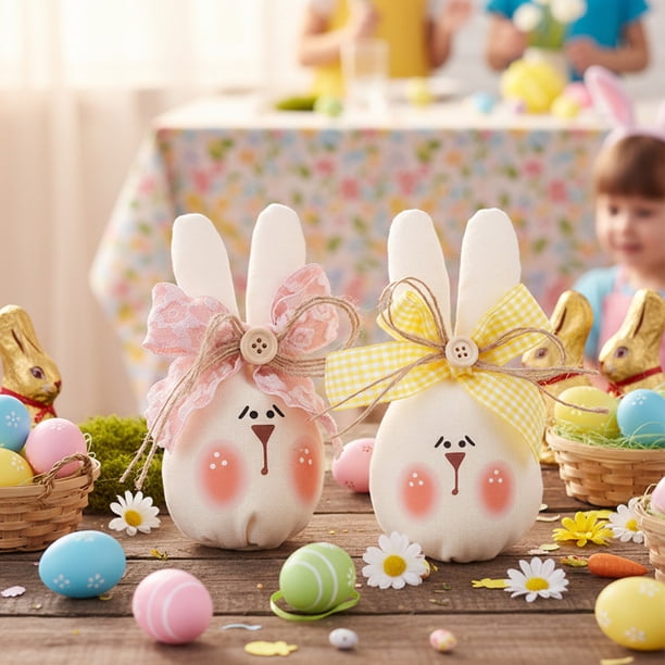 Decoración de tela para conejito de Pascua - Tela conejo rosa amarillo 6,69x3,93 pulgadas, figura de algodón relleno, centro de mesa, acento en la estantería, una pieza