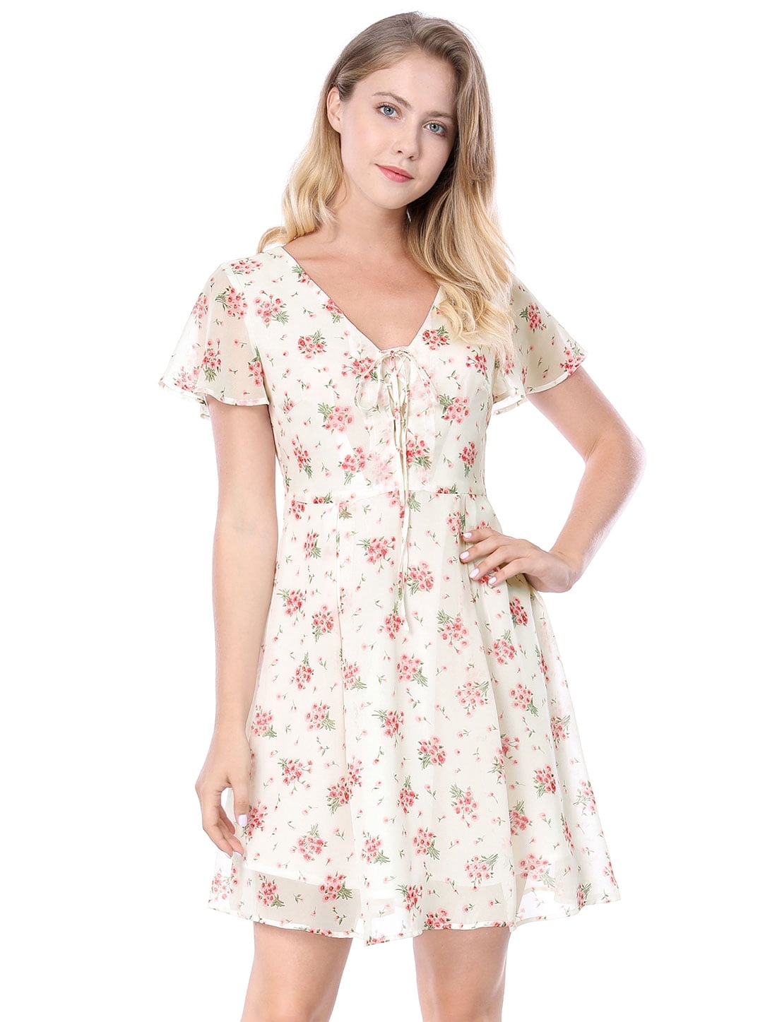 DARING DIVA Floral Flouncing Sleeve V Neck A-Line Chiffon Dress  XL White