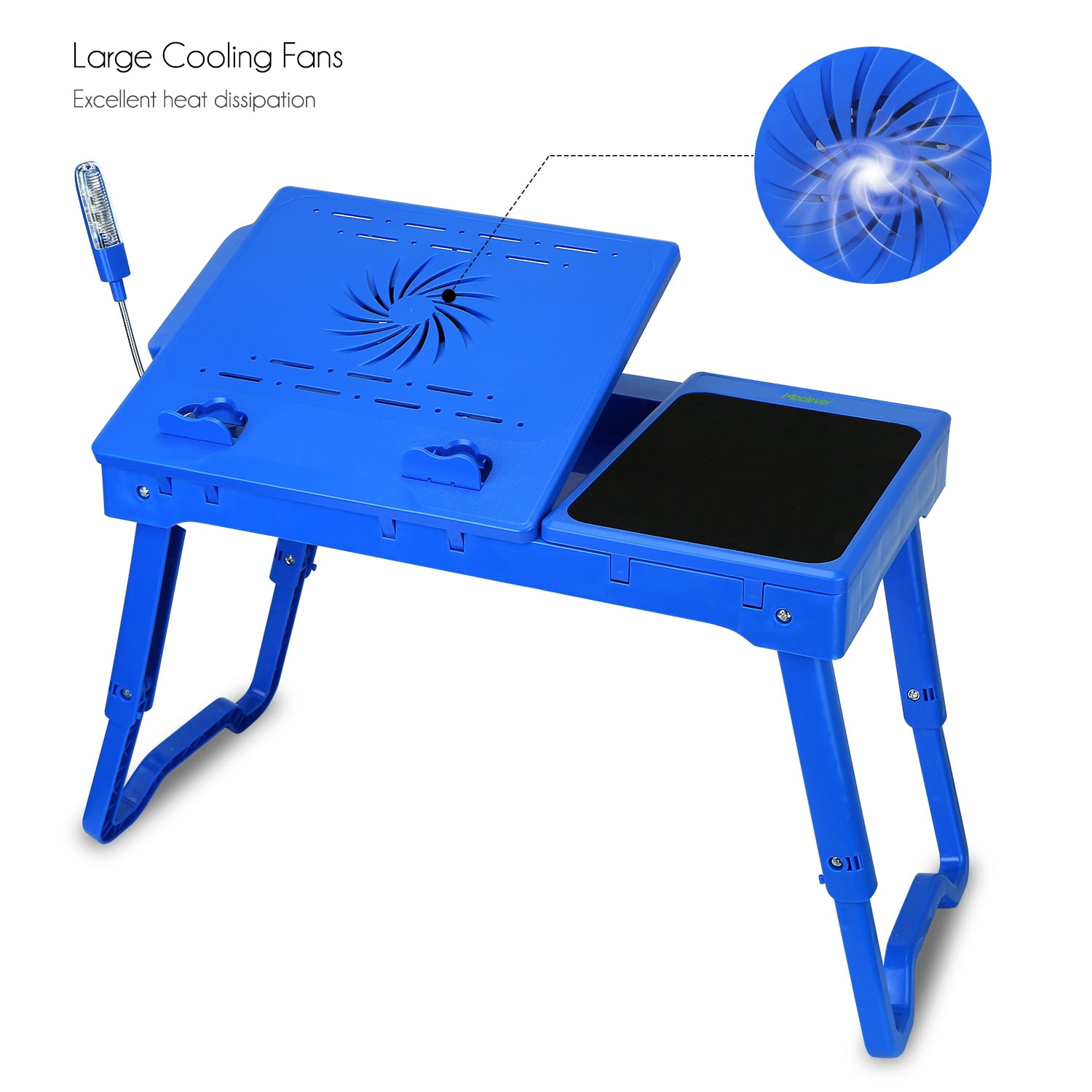 Moclever Foldable Laptop Table Notebook Desk Cooling Fan Mouse Board LED 4 x USB Ports Storage For Home Office Blue