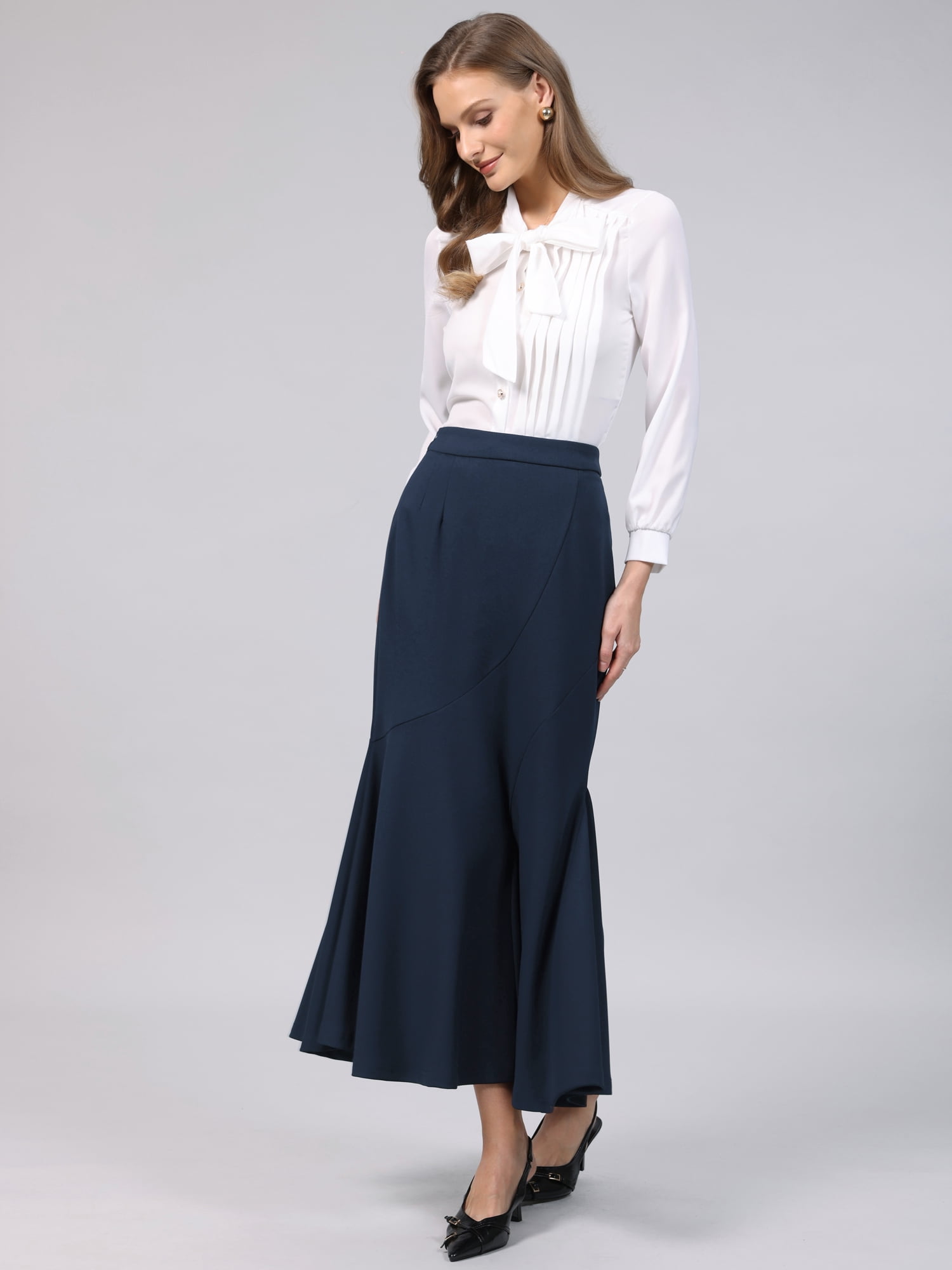 DARING DIVA Women's Fishtail Long Skirt High Work Maxi Mermaid Skirts M Navy Blue