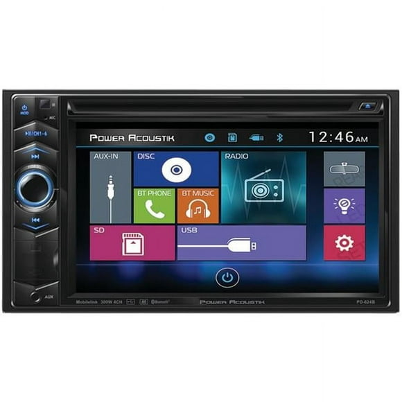 Power Acoustik PD-624B Double-DIN In-Dash LCD Touchscreen DVD Receiver with Bluetooth, Black - 6.2 in.