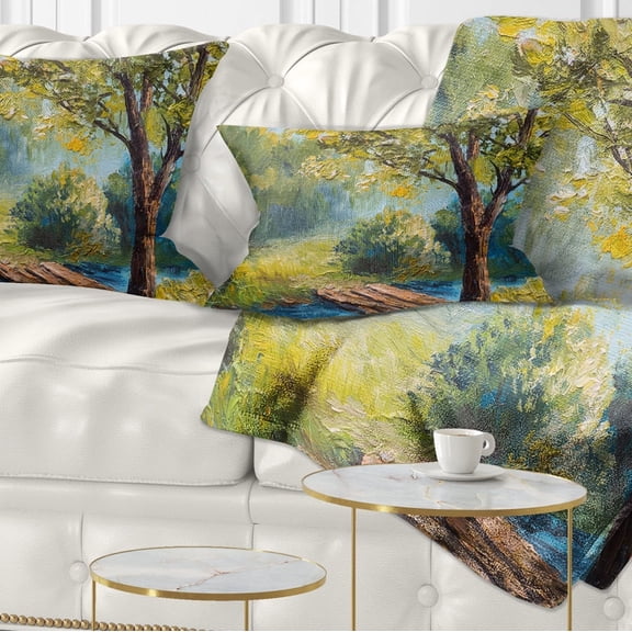 Designart Summer Forest with Beautiful River - Landscape Printed Throw Pillow - 12x20