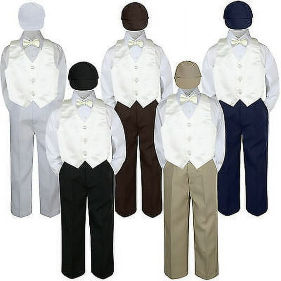 5pc Boy Suit Set Ivory Vest Bow Tie  Baby Toddler Kid Formal Hat Pants S-7