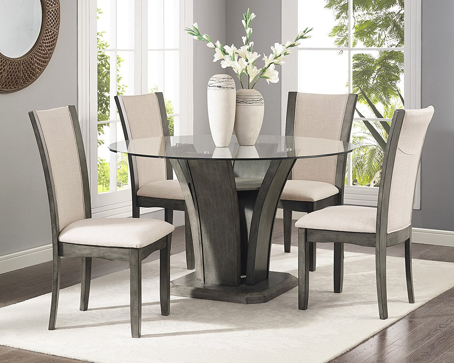 Roundhill Furniture Kecco Grey 5 Piece, 5 Piece Round Glass Dining Table Set