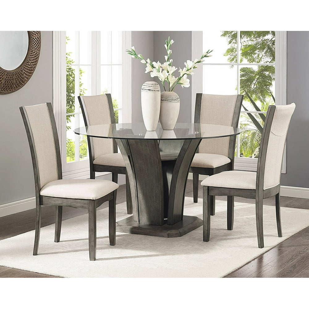 Roundhill Kecco Grey 5Piece Glass Top Dining Set, Table with 4 Chairs