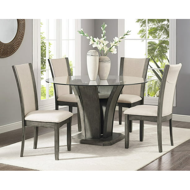 Roundhill Furniture Kecco Grey 5 Piece, Round Glass Top Dining Table With 4 Chairs