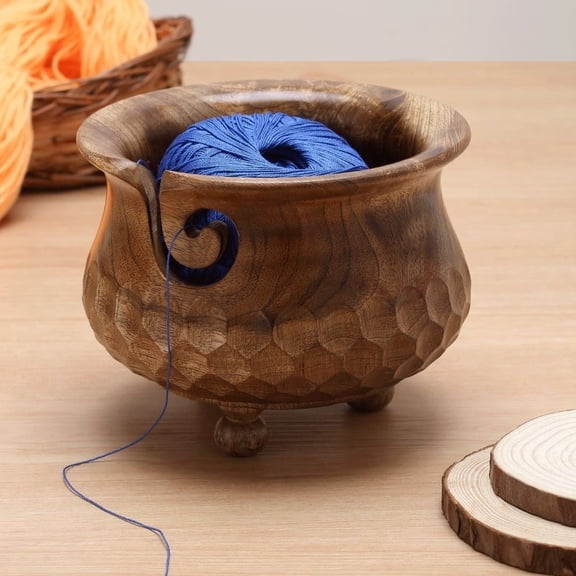 Vriksha Kraft Pot-Shaped Mango Wood Yarn Bowl for Crocheting and Knitting 1 Pack (7x4)