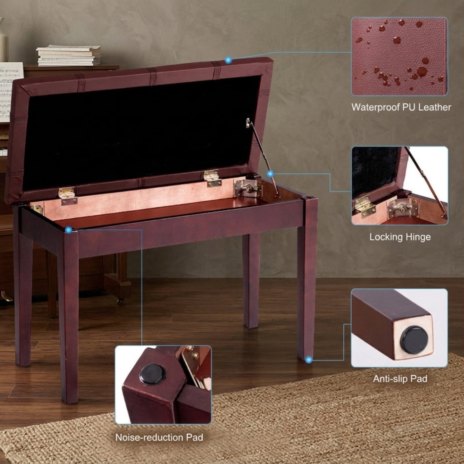 Furnibear Solid Wood Duet Piano Bench with PU Leather Padded Seat and Under Seat Storage for Two Players Keyboard Music Studio Home, Brown