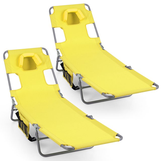 Gymax 2PCS Tanning ChairFolding Beach Lounge Chair w/5-Position Adjustable Backrest Yellow