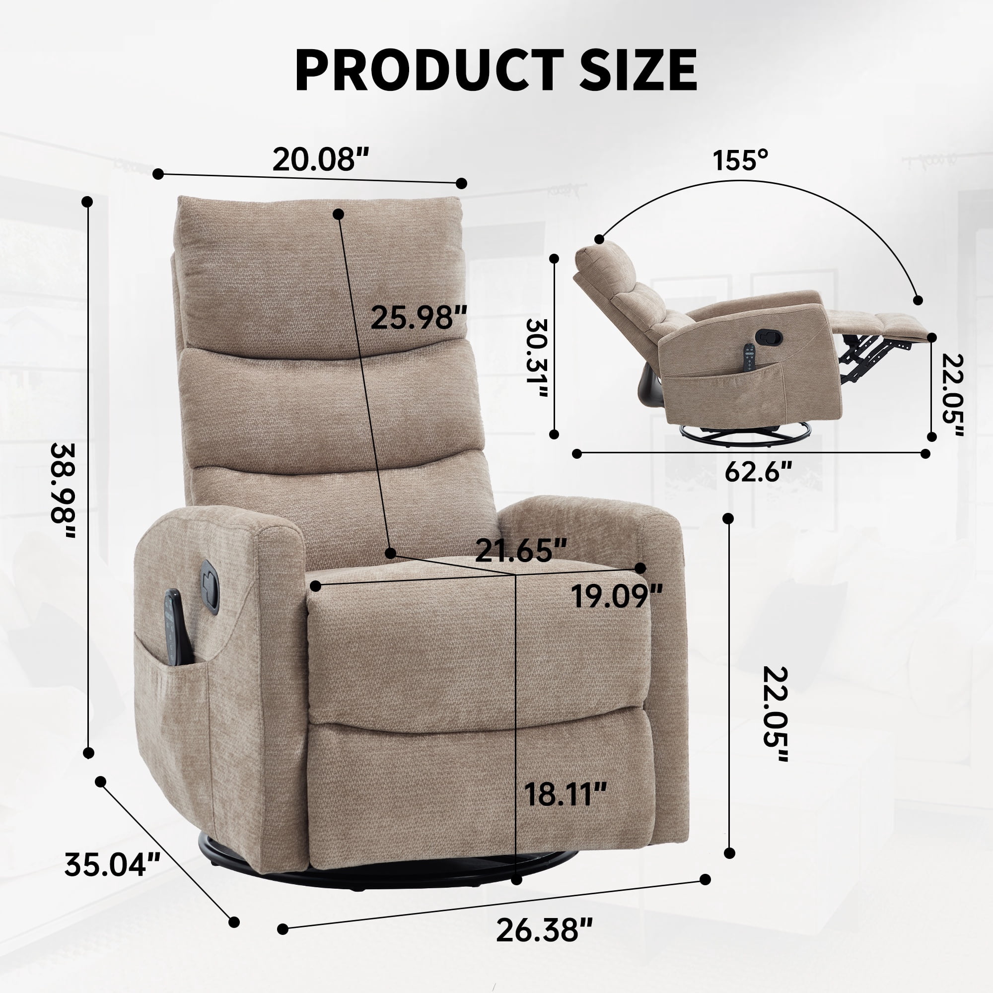 PAPROOS Swivel Rocker Recliner, Velvet 360° Swivel Rocking Recliner, Glider Rocking Chair for Nursery, Small Rocker Chair, Manual Recliner for Adults for Home Theater Living Room, Khaki