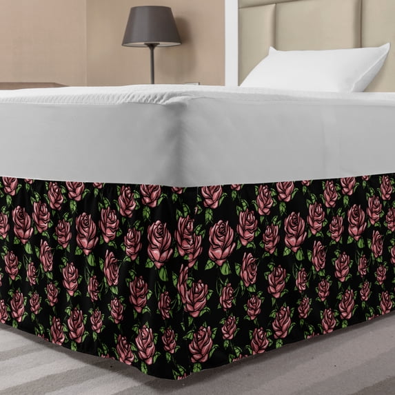 Summer Pink Bed Skirt, Hand Drawn Like Repeated Pattern Rose Flowers Image Art Print, Elastic Bedskirt Dust Ruffle Wrap Around for Bedding Decor, 4 Sizes, Dark Taupe and Multicolor, by Ambesonne
