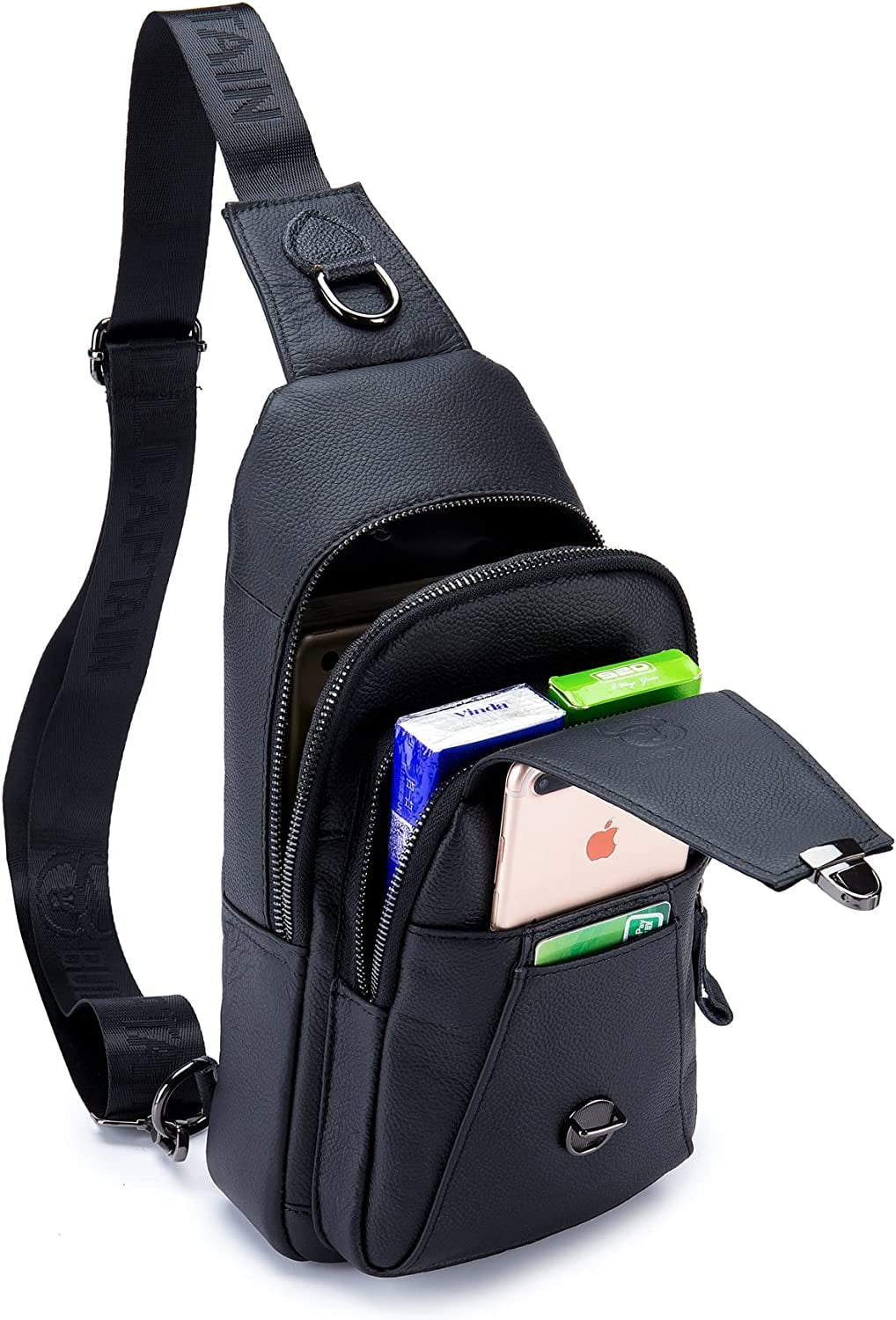 BULLCAPTAIN Leather Sling Bag for Men Multi-pocket Crossbody Chest Bag Travel Casual Shoulder Backpack