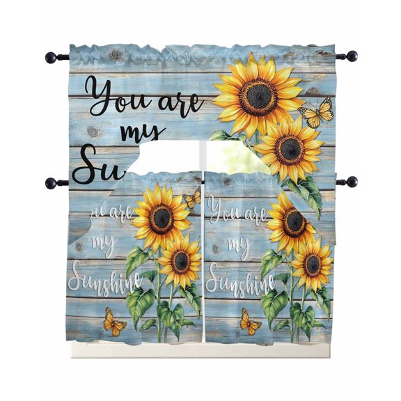 Yellow Sunflower Kitchen Curtains Swag Valance and Tier Curtains Set 24 Inch Length, Butterfly Sunshine Blue Farmhouse Wood Rod Pocket Drape Panels Pair Swag Curtain for Bathroom/Cafe/Window