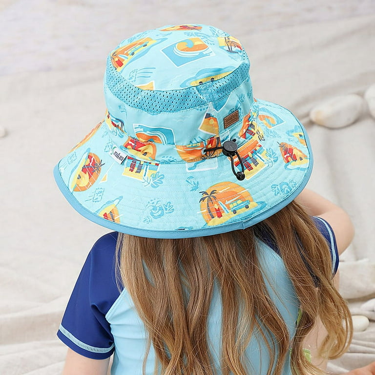 Kids Sun Hat ,Wide Brim Summer Hat ,Kids Beach Bucket Hats ,Sun Hats for  Girls， UPF 50+ Sky BLue M(18.9-20.47in）