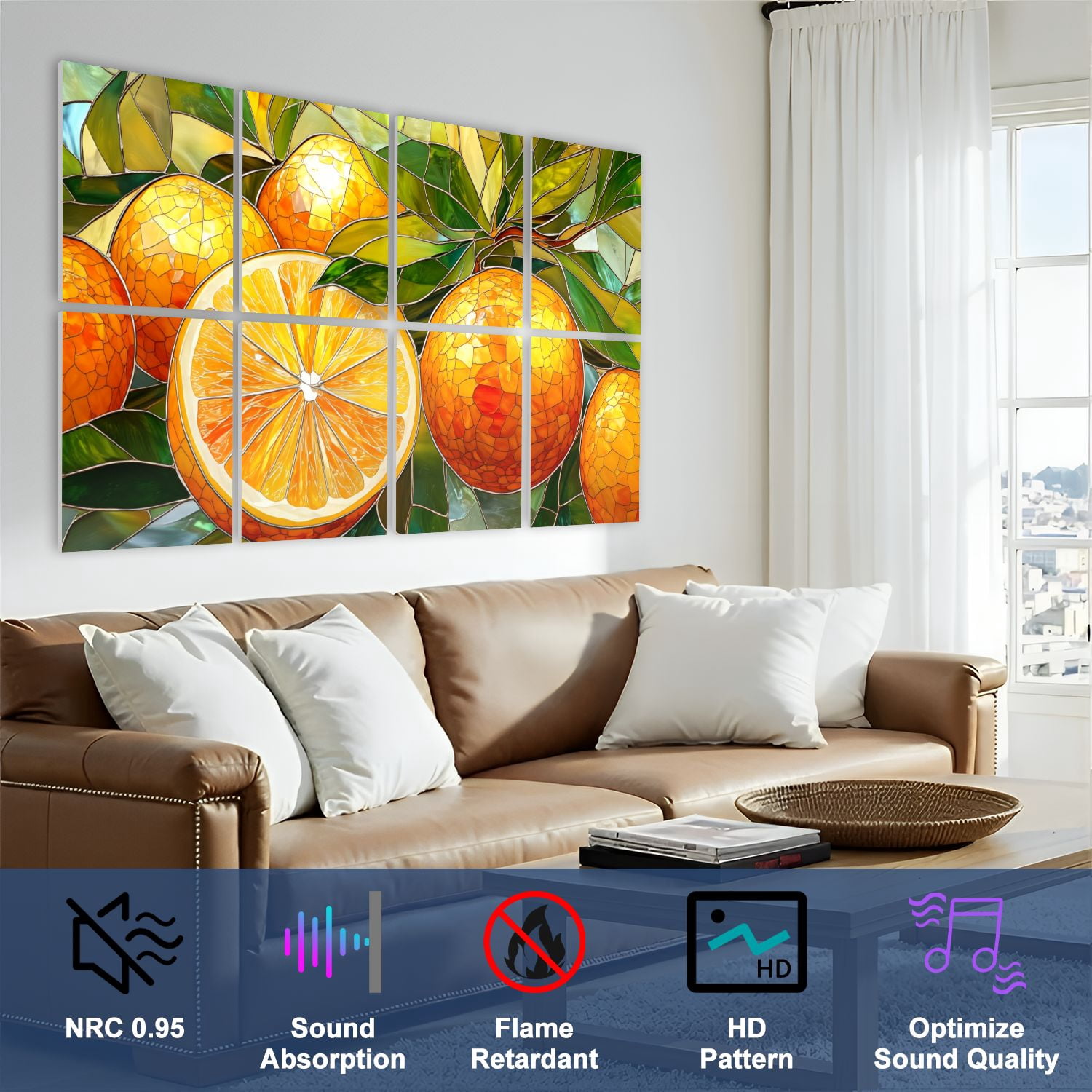 Stained Glass Style 8 Pack Art Acoustic Panels Sound Absorbing bright Oranges Decorative Soundproof Wall Panels Self Adhesive for Nursery Game Room Bedroom 48"x32"