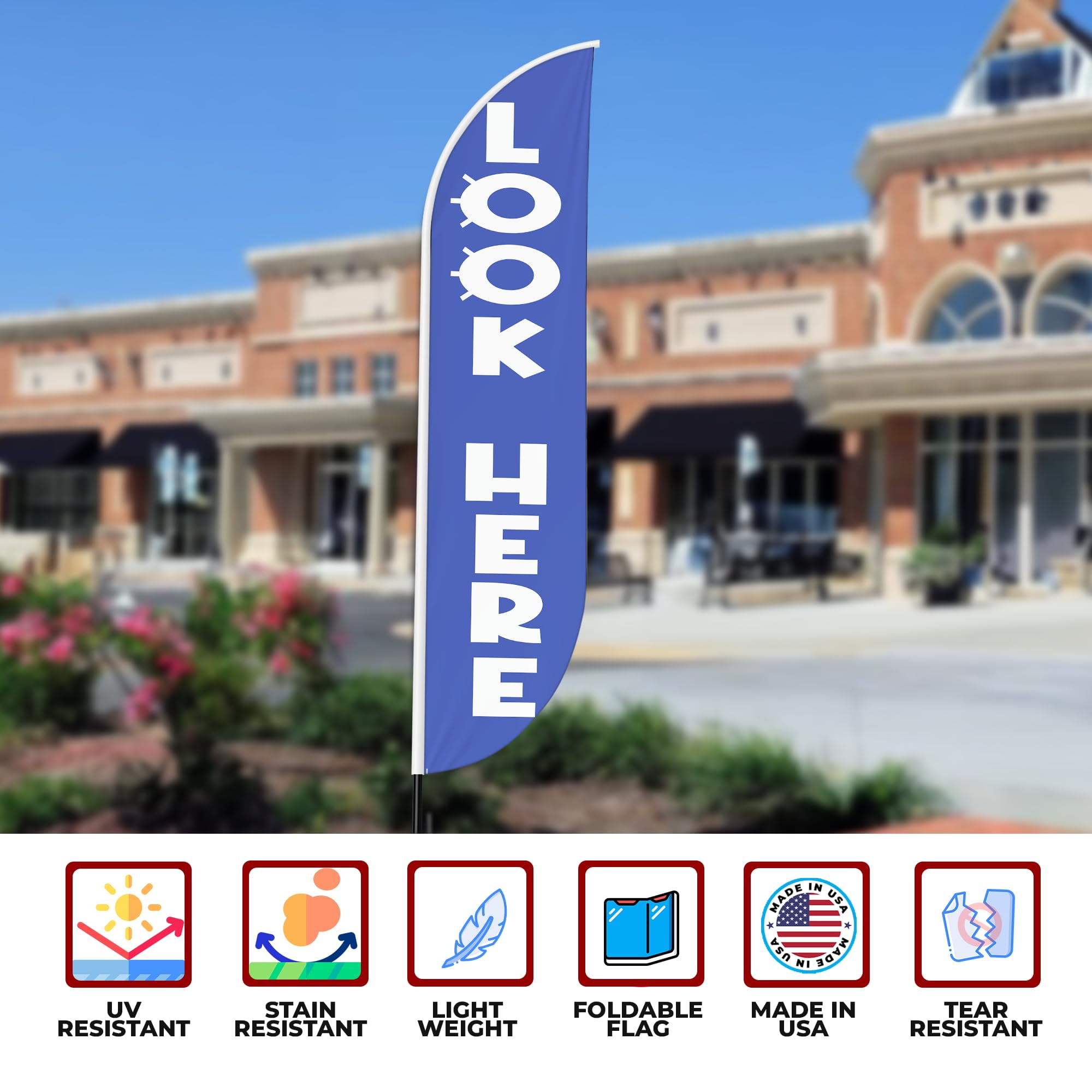 Look Here Sign Feather flag Pole Mount for Outdoor by Mavis Print | 15 FEET Long Polyester Outdoor Banner Flag Pole Kit for Easy Hang | HD Print Swooper Flag Pole Stand for Business Advertising