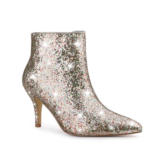 BLISSFUL STEP Pointed Toe Stiletto Heel Glitter Ankle Boots for Women Silver 7