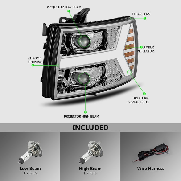 Pair Of Headlights For 2007-2013 Chevy Silverado 1500, 2500HD, 3500HD - Halogen, Chrome Housing, 10-Year Warranty