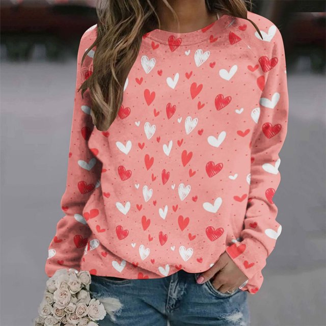 Qertyioot T-Shirt Graphique pour Femmes de la Saint-Valentin à Manches Longues, Blouse Ample Imprimée Mode à Col Rond, Hauts Décontractés, Chandails à Capuchon