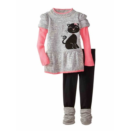 Little Lass Infant Girls Kitty Cat Outfit Gray Sparkle Sweater Leggings Set