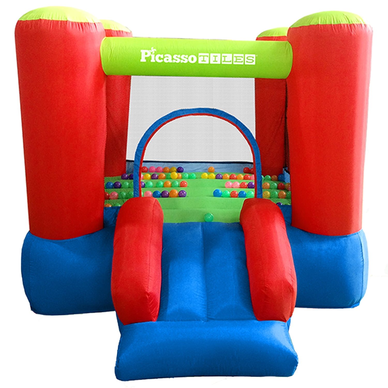 PICASSO-TILES Outdoor Inflatable Bouncer, Bouncing House, Jump & Slide Playhouse with 50 Pit Balls, 3 Sides Mesh Protection with Heavy Duty GFCI ETL Certified 385W Blower