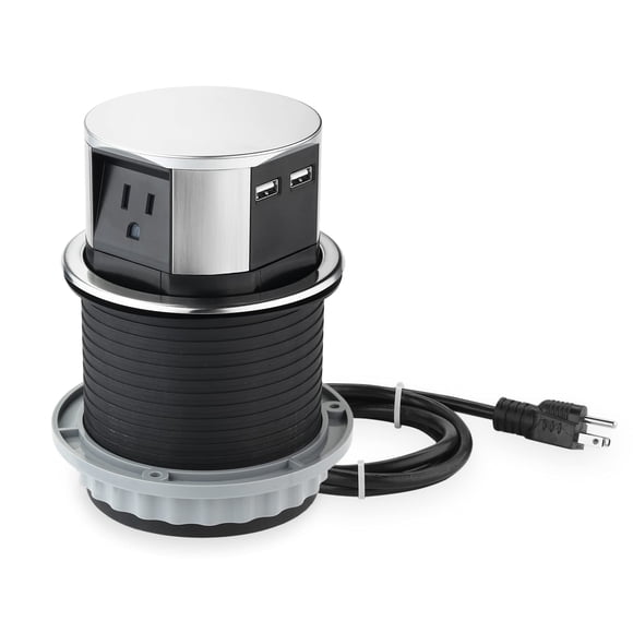 Link 2 Home Tomacorriente emergente para ahorrar espacio con USB 3 tomas de corriente de 15 A 2 puertos USB de carga rápida de 2,4 A Acabado de acero inoxidable resistente a salpicaduras para encimera