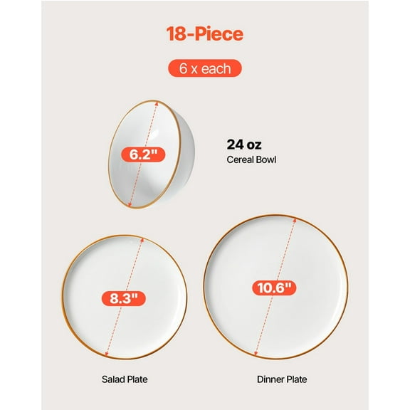 18-Piece Dinnerware Set, Ceramic Plates & Bowls, Service for 6, White - Elegant Tableware for Family Dining