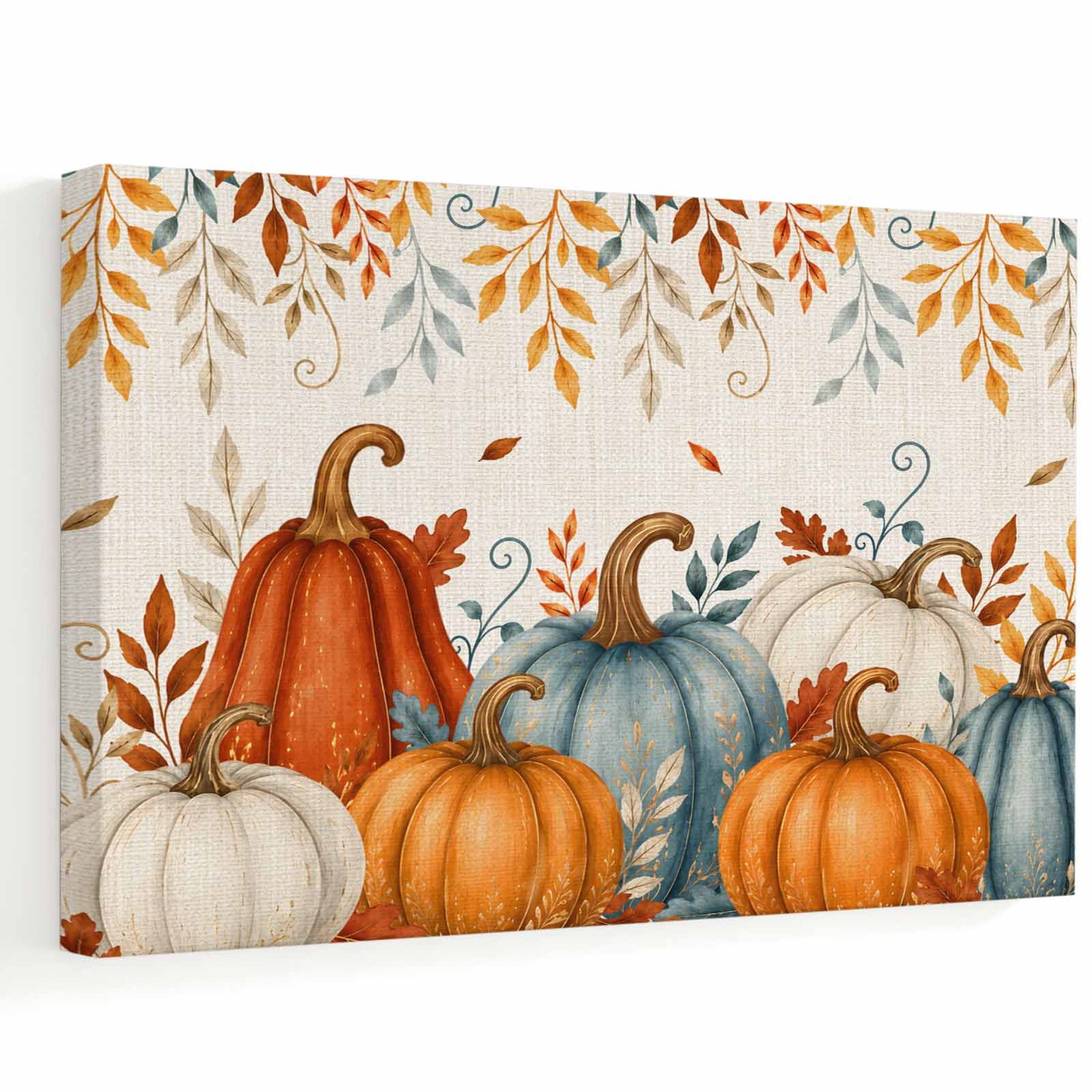 Fall Pumpkins Canvas Wall Art Orange Blue Harvest Pumpkin Autumn Leaf Retro Linen Wall Art Prints Artwork Framed Canvas Ready to Hang Art Pictures for Bathroom Dressing Table Entryway 12 x 8