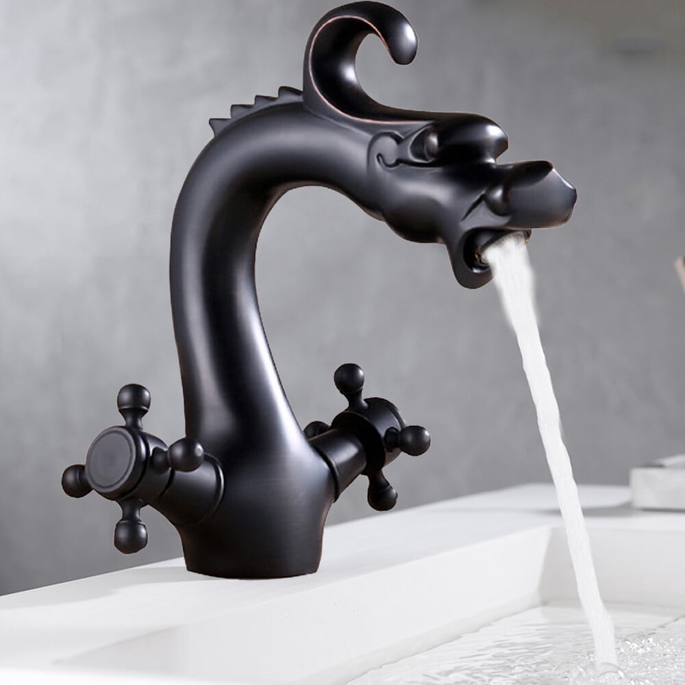 Dragon Shape Oil Rubbed Brass Bathroom Sink Faucet, Waterfall Two-Handle One Hole Vessel Mixer Tap, Mixer Deck Mounted Taps, Basin Sink Faucet, Modern Lavatory Vanity Sink Tap