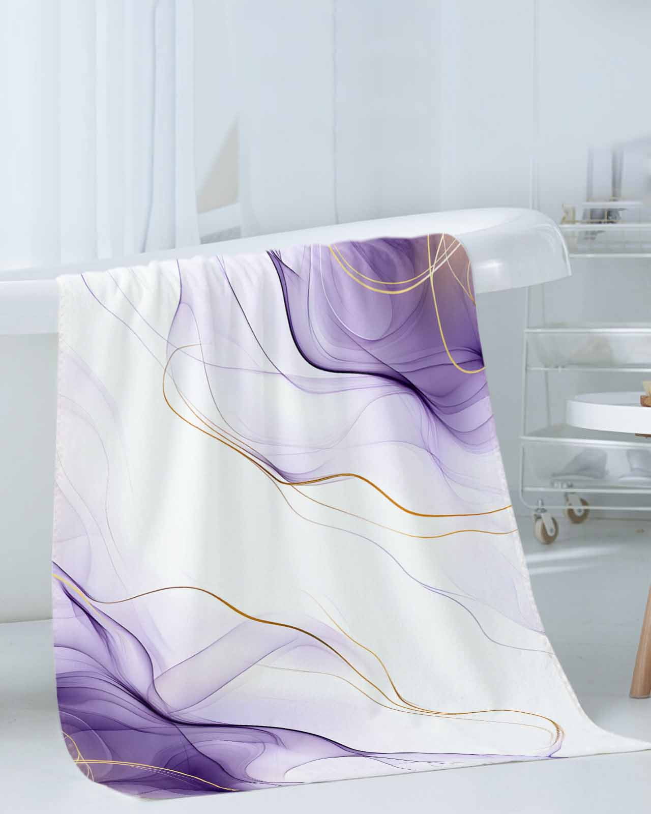 Marble Purple Bath Towels for Bathroom Set,Luxury Microfiber Towels Gifts for Women,Beach Kitchen Hand Hair Face Towel and Dish Washcloth,Gold White Modern Gradient Ocean Ripple Towels+Set