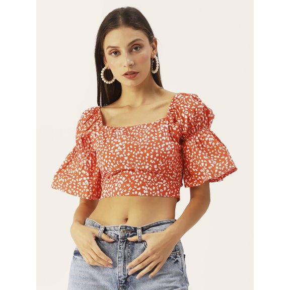 DressBerry Women's Printed Cotton Semi Puffed Ruffled Elbow Sleeves Cropped Top High Waist Square Neck Casual Summer Wear Short Top