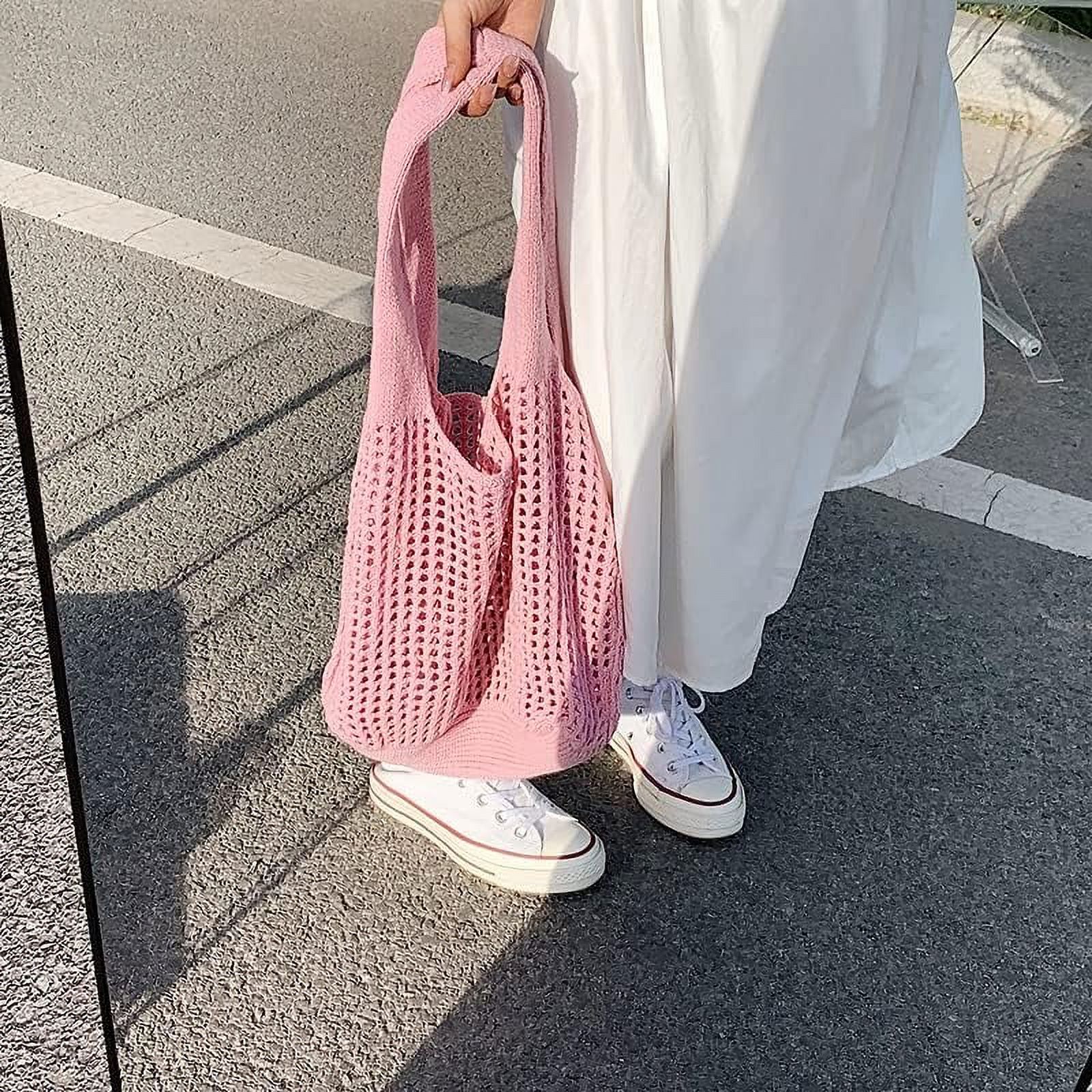 LinYooLi Crochet Tote Bag, Cute Boho Knit Tote Bag Aesthetic Y2K Large Crochet Beach Bag Shoulder Bag Handbag