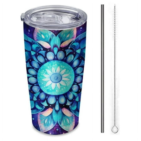 

mandala made of blue and purple leaves-Insulated Car Cup 20 oz Stainless Steel Travel Tumbler with Reusable Straw & Brush Hot & Cold Drinks Coffee/Tea/Office/Outdoor Drinkware