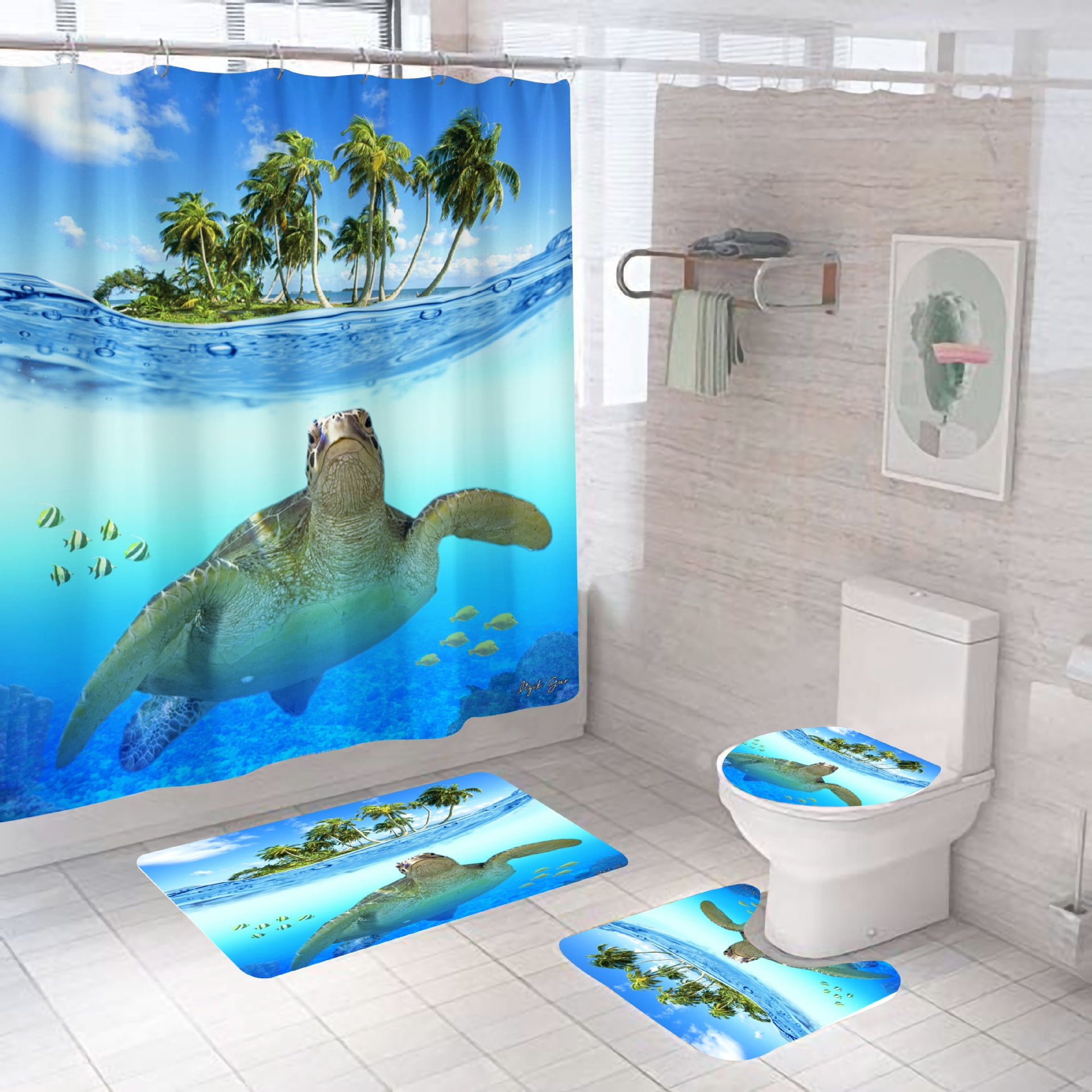 4PCS Sea Turtle Non-Slip Toilet Cover Floor Mat Bathroom Shower Curtain Set 