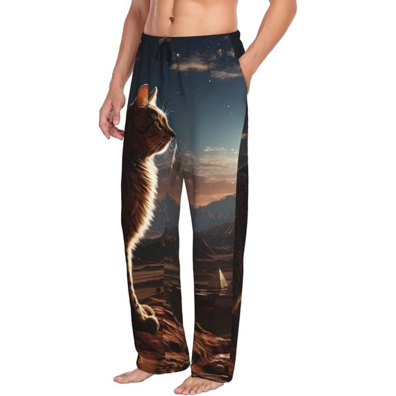 Picia Pyramid Desert Cat Mens Soft Woven Cotton Elastic Waistband Sleep Pajama Pant Lounge Sleep Pant With Pockets And Drawstring-Small