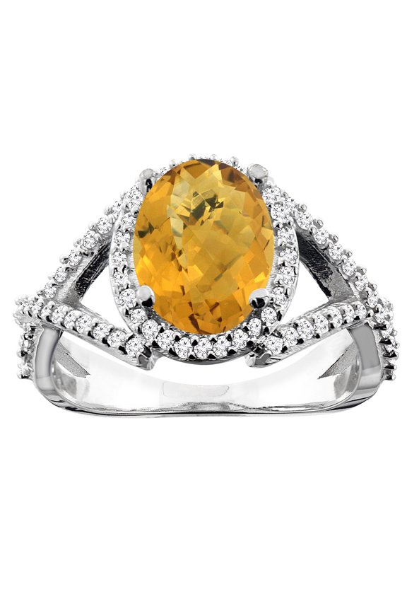 10K White Gold Natural Whisky Quartz Ring Oval 10x8mm Diamond Accent, size 7.5