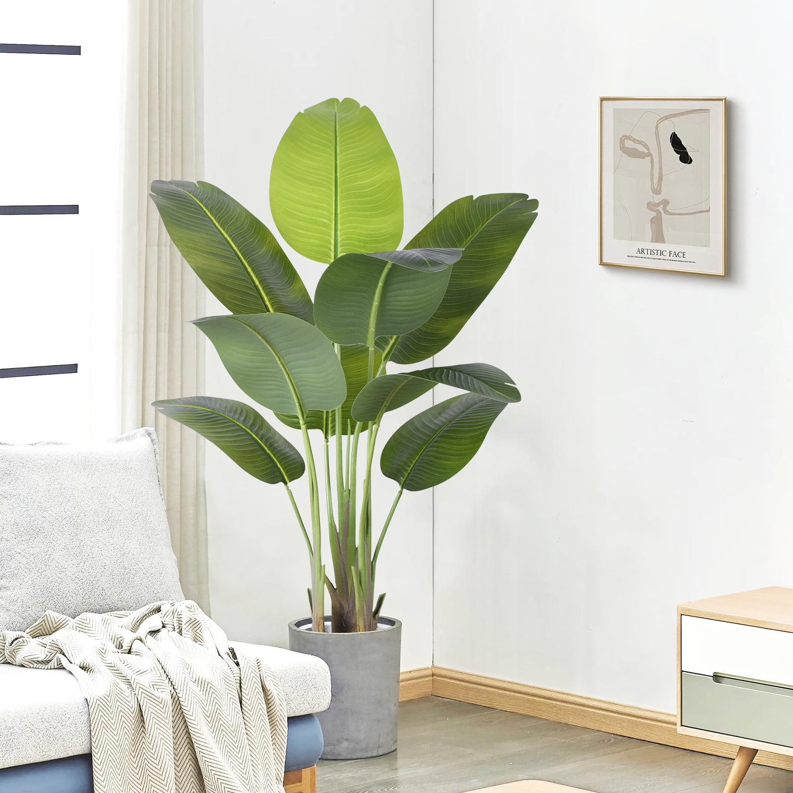 Artificial Bird of Paradise Plant 4Ft Tall Fake Tropical Palm Tree Large Fake Plants with 9 Silk Banana Leaves Faux Plant Indoor Decor Trees with White Pot for Home Bedroom Living Room Office