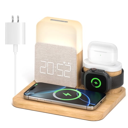 Wireless Charging Station 7 in 1 Compatible for iPhone Pro Max/Smartphones that support wireless charging., Apple Watch & AirPods with Alarm Clock, Night Light Wood