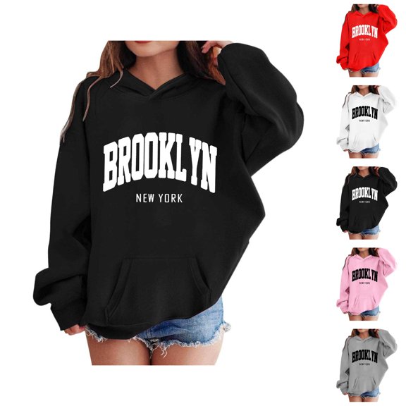 Brooklyn New York Hoodies for Girl Casual Long Sleeve Graphic Hooded Sweatshirt with Pockets Kids Pullover Tops