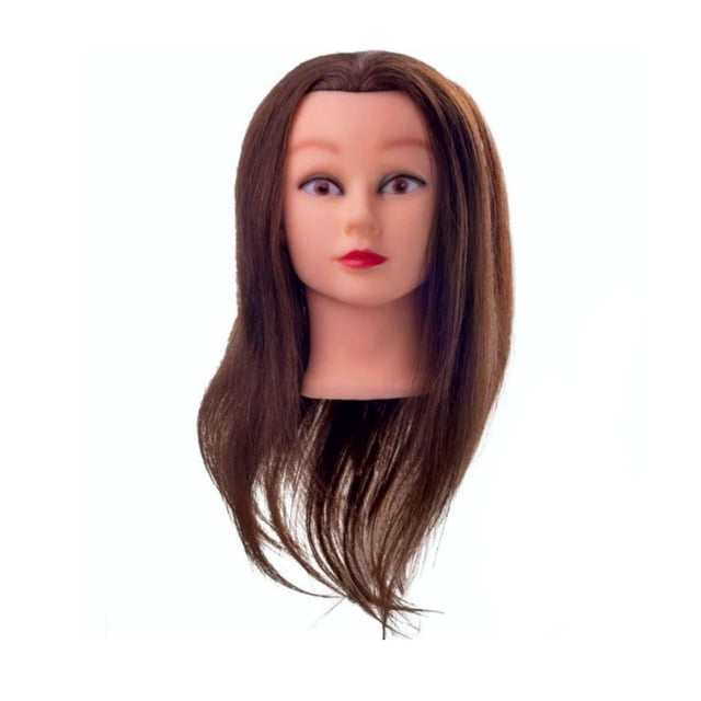 maniquí cabeza cabezote letmex cabezote-0004 cabeza de práctica Letmex con pelo largo castaño lacio, vista frontal centrada, rasgos faciales pintados y labios rojos, base de cuello visible para montaje; a menudo usado para prácticas de peinado y cosmetología en escuelas y talleres.